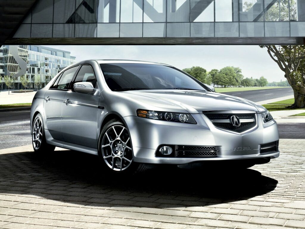 2007 Acura TL in Silver: Stylish Front View Amid Nature & Modernity Wallpaper