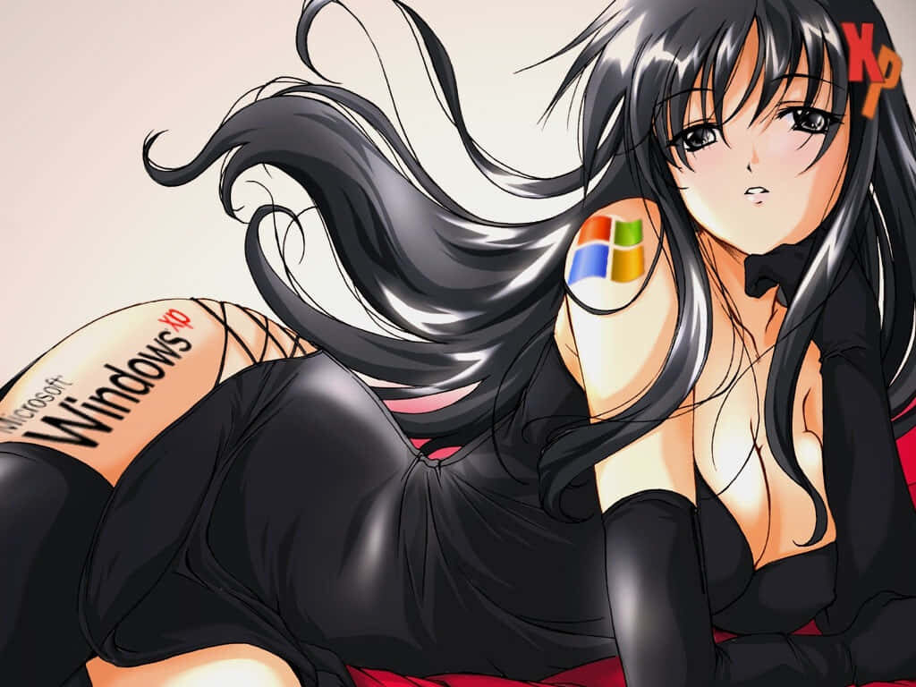 Stylish Anime Girl with Black Hair & Windows XP Logo Wallpaper