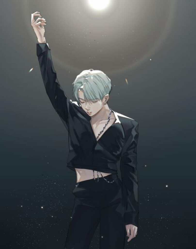 Stylish Anime-Inspired Jungkook Wallpaper: Dramatic Pose & Sleek Design