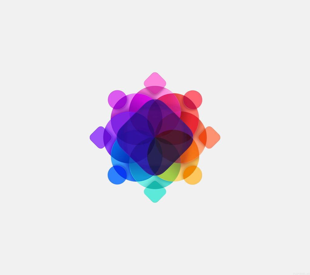 Vibrant abstract wallpaper with layered geometric mandala and vivid translucent colors on gray
