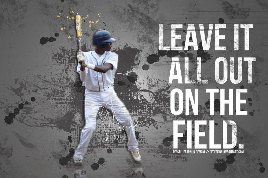Baseball wallpaper with batter in white uniform and Leave it all out on the field quote background