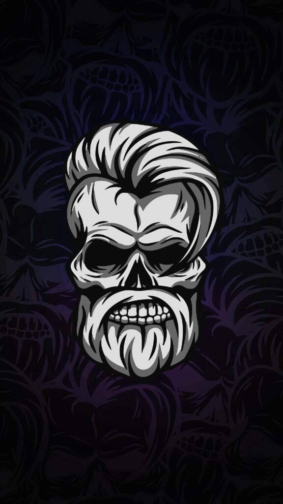 Hipster skull with modern pompadour and beard on dark purple abstract gothic wallpaper background