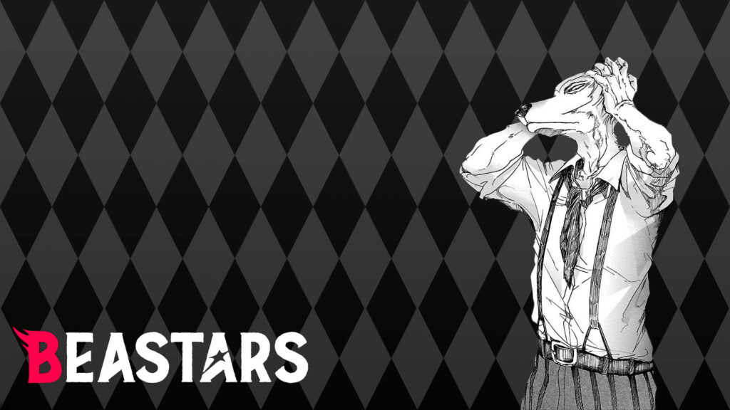 Stylish Beastars Wallpaper: Legosi's Contemplative Pose on Diamond Background