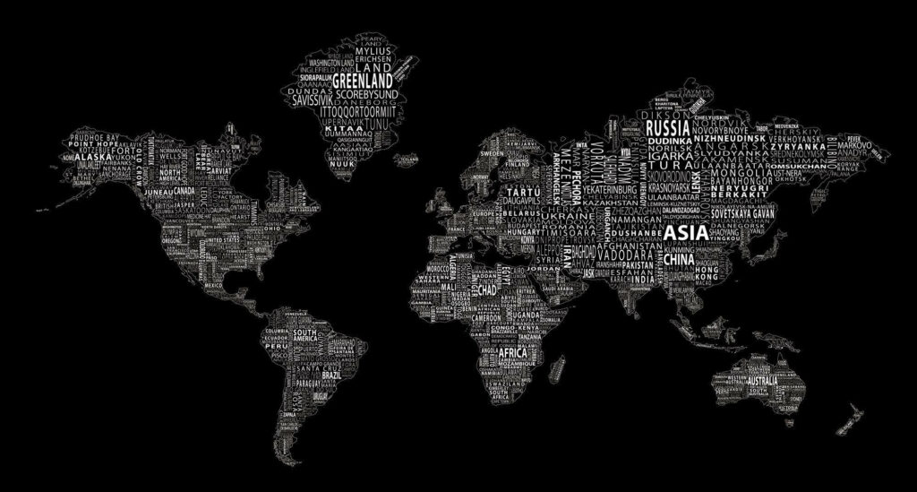 Stylish Black and White World Map Wallpaper with Typography Design