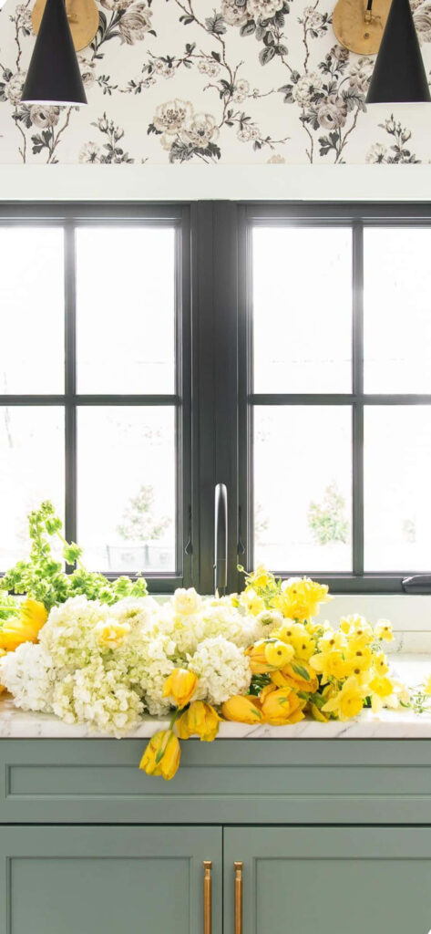 Bright Kitchen with Floral Wallpaper & Fresh Yellow Flowers Ambiance