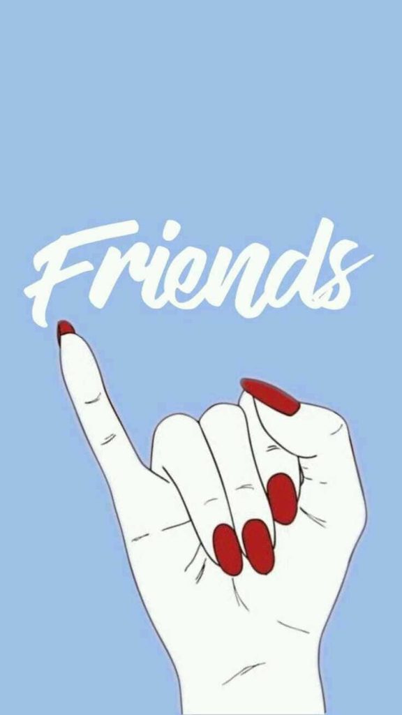 Line-art pinky promise with red nails and cursive friends text on soft blue wallpaper background