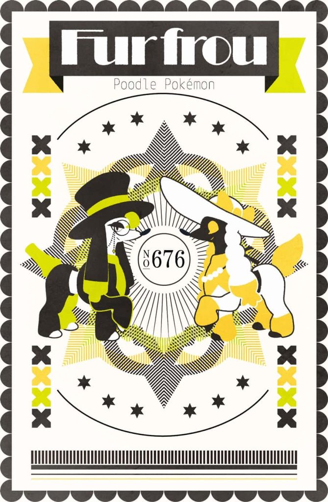 Minimalist Furfrou Pokémon wallpaper with black white lime retro trading card design