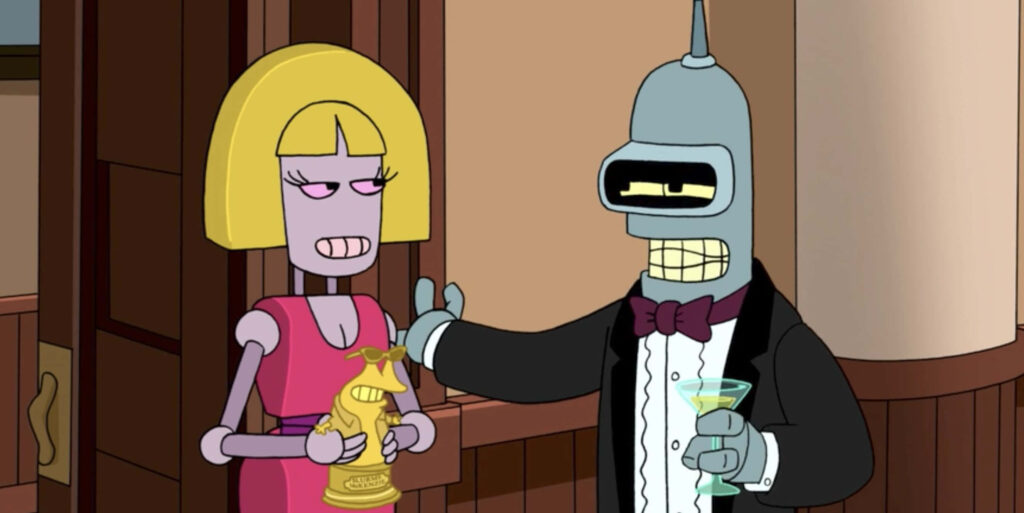 Stylish Futurama Wallpaper: Bender in Tuxedo with Robot Companion