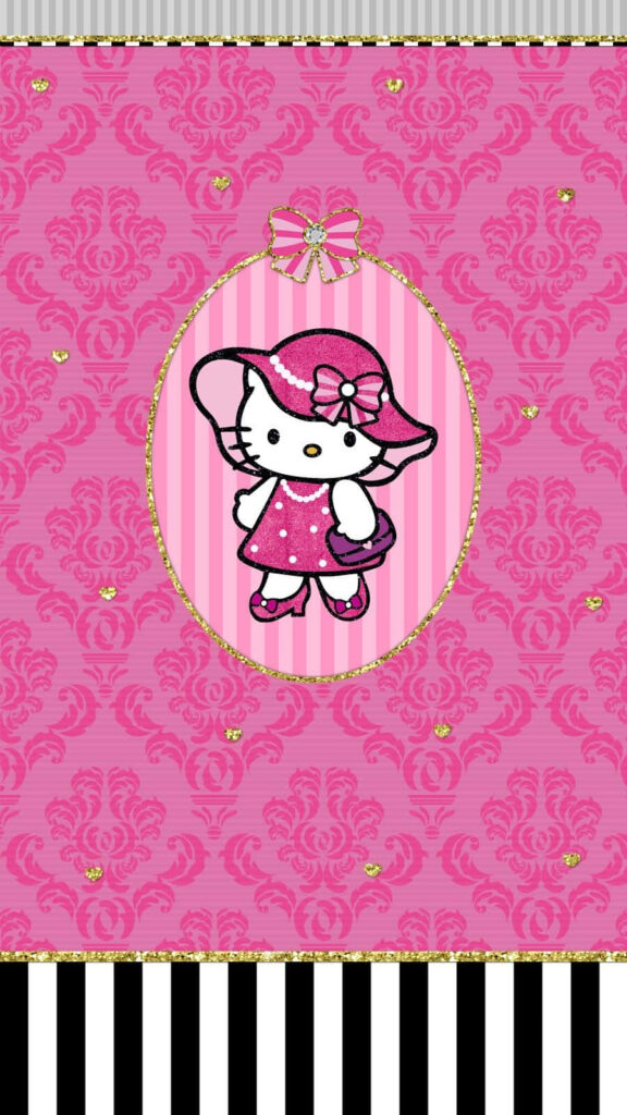Chic Hello Kitty Wallpaper in Pink Damask with Striped Border