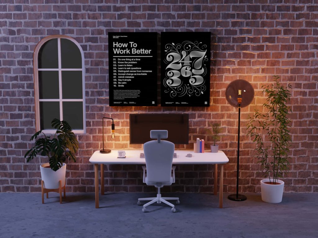 Stylish home office Zoom background with red brick wall poster white desk cozy lighting Wallpaper