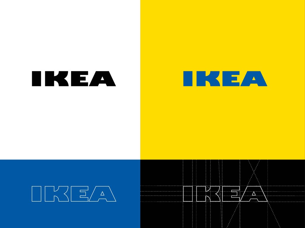 Minimalist wallpaper with four IKEA logo styles including classic blue yellow and technical grid design