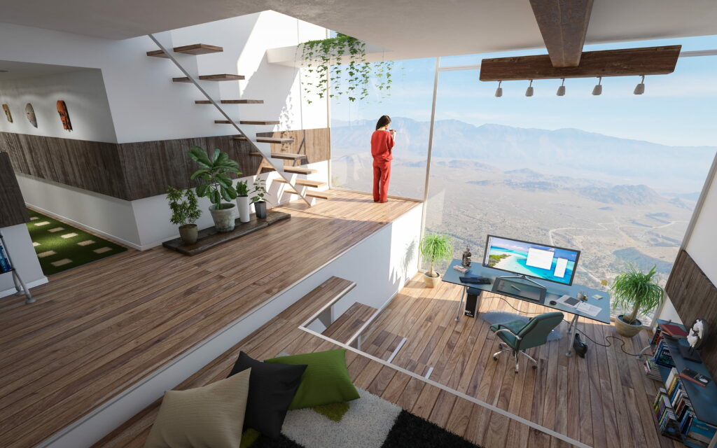 Modern home office with wooden accents floating stairs and desert mountain view through glass wall Wallpaper