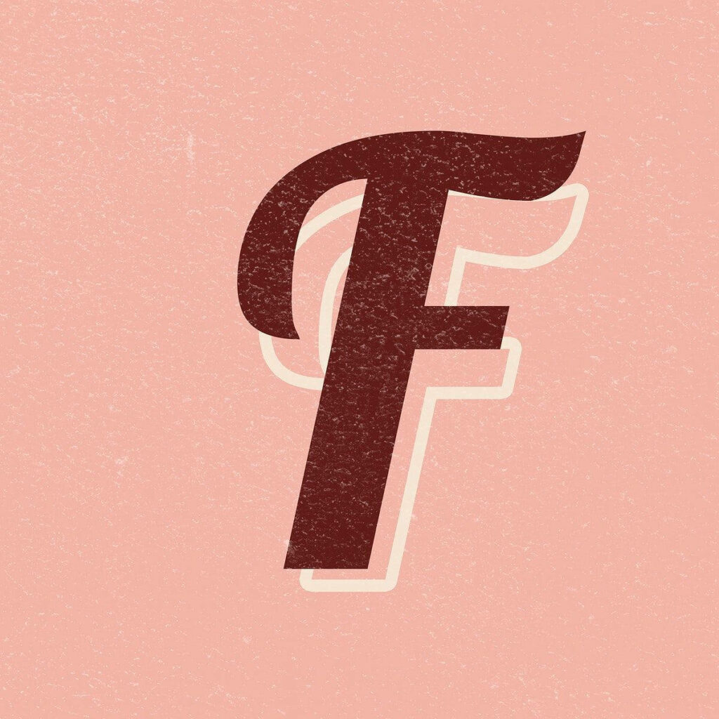 Bold stylized letter F in dark maroon with white outline on textured pastel pink retro wallpaper background