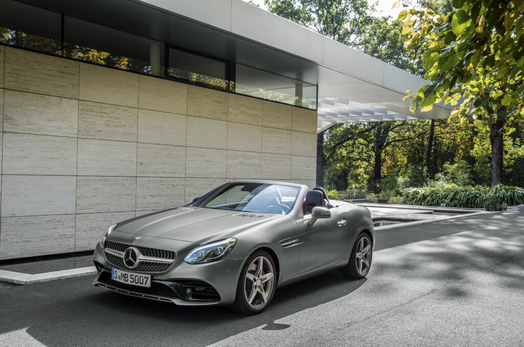 Sleek Mercedes-Benz SLC-Class R172 in Modern Driveway Setting Wallpaper