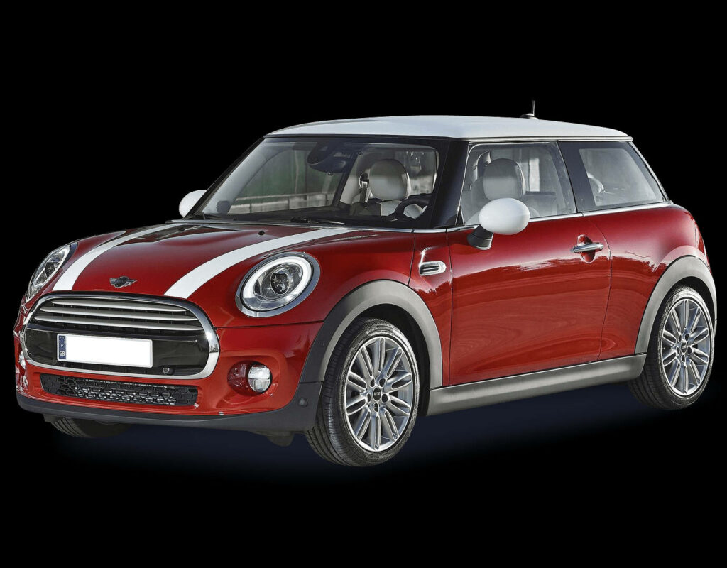 Red Mini Cooper with white racing stripes and roof on black background modern car wallpaper