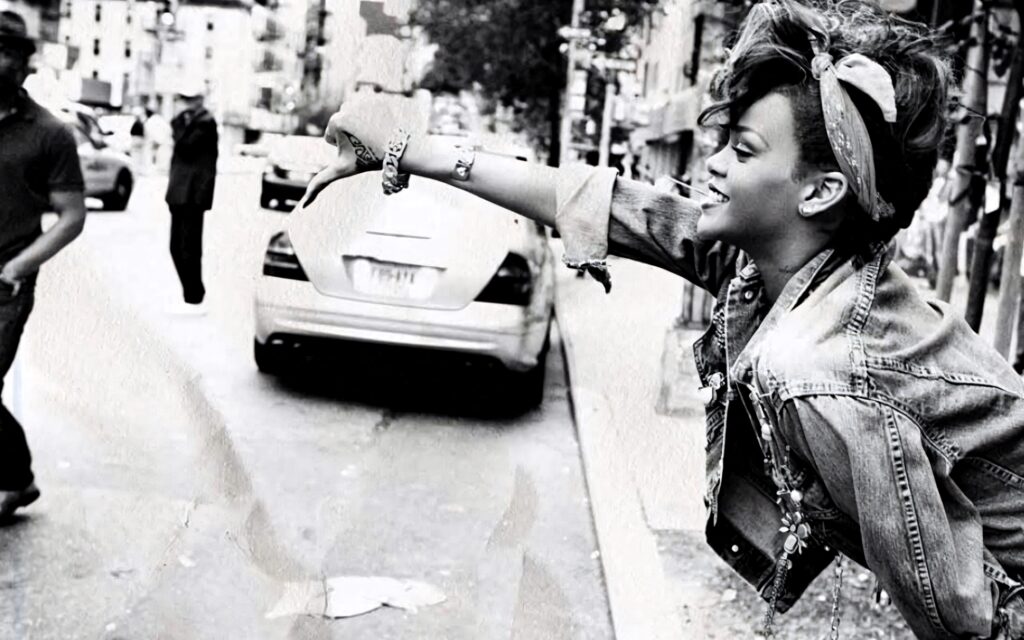 Chic Rihanna Black-and-White Wallpaper: Bandana & Denim Street Style