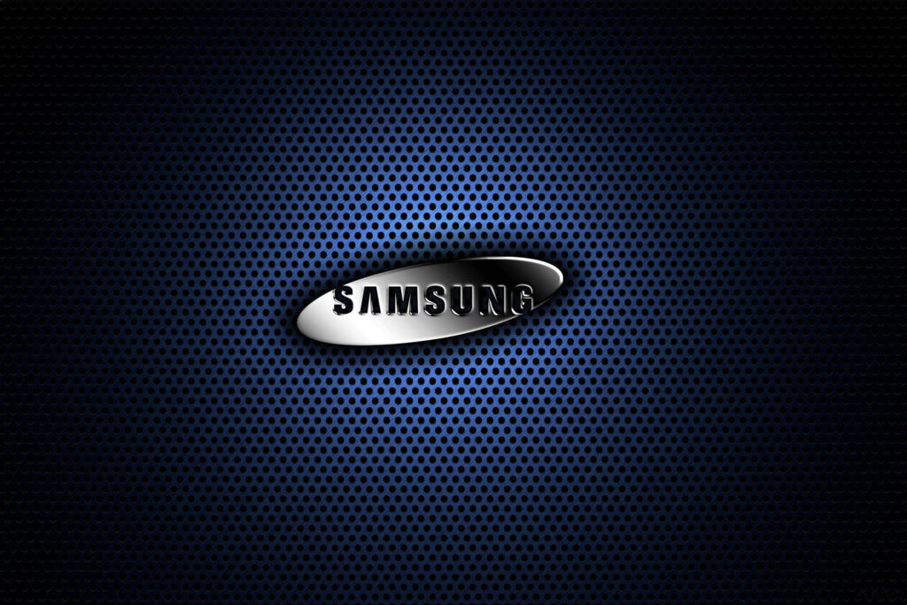 Sleek Samsung Logo Wallpaper on Metallic Background with Blue Glow