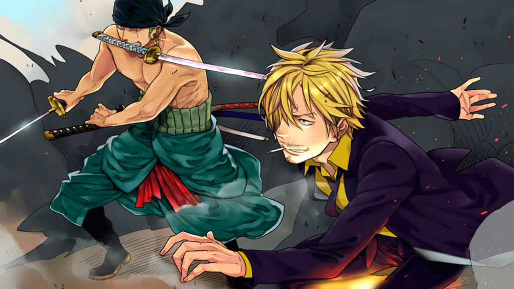 Dynamic Duo: Sanji's Suave Style Meeting Zoro's Deadly Aura in the Smoky Abyss - A Stunning One Piece Tribute! Wallpaper