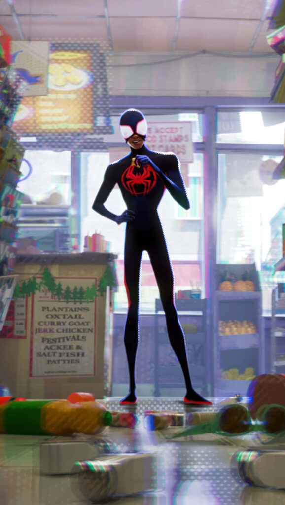 Stylish Spider-Verse character in colorful convenience store vibrant Spider-Man Across Spider-Verse wallpaper
