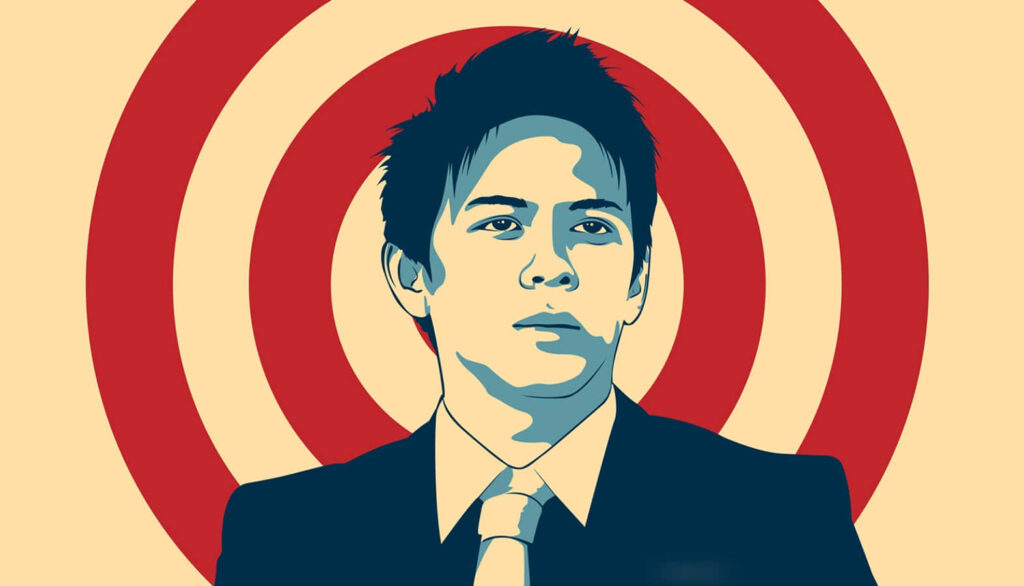 Stylish Vector Wallpaper: Bold Red Beige Target with Sharp-Dressed Figure