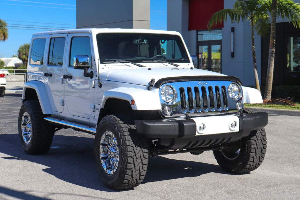 Stylish White Jeep Wrangler Wallpaper Against Modern Building
