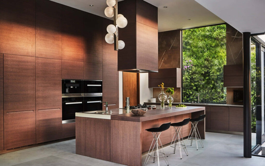 Rustic Meets Modern: A Stylish Kitchen with Wooden Cabinets and a Large Window Wallpaper