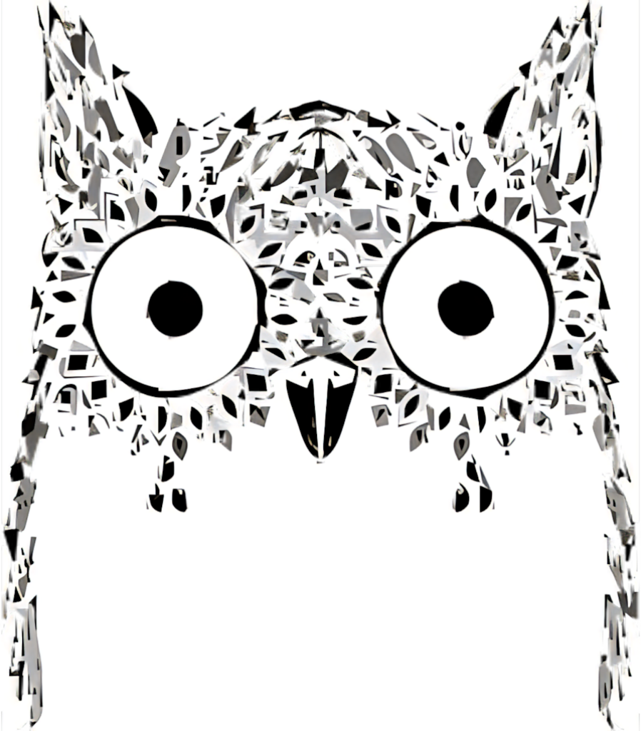 Whimsical Owl Art: Stylish Mosaic Face with Bold Black & Gray Design Wallpaper
