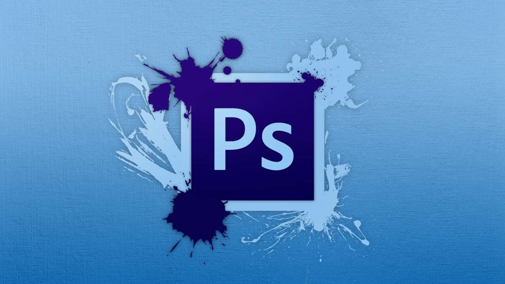 Adobe Photoshop logo wallpaper with ink splatters on textured blue background for designers