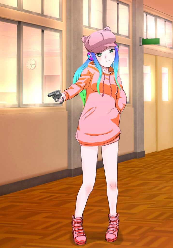 Vibrant Anime Girl with Revolver in Colorful Classroom Wallpaper