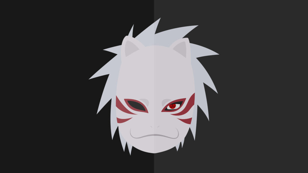 Stylized Anime Mask Wallpaper: White Hair & Red Markings on Dark Background