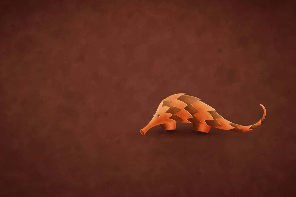Stylized armadillo illustration with geometric patterns on soft brown textured wallpaper background