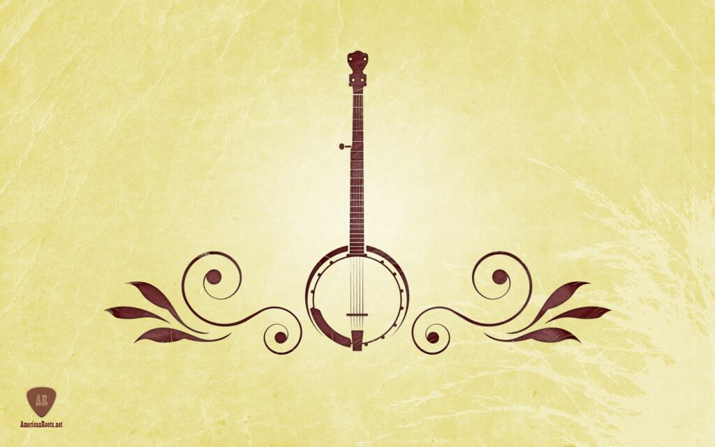 Elegant Banjo Illustration on Yellow-Green Textured Background Wallpaper