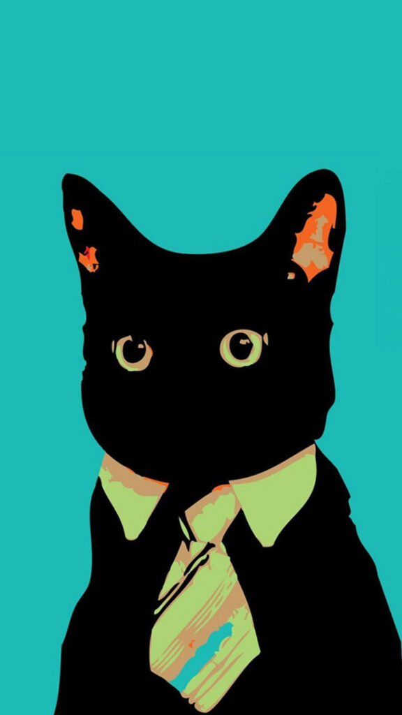 Minimalist Black Cat Wallpaper: Playful Tie Design on Teal Background