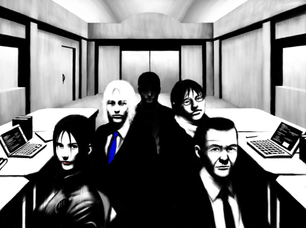 Stylized Black and White Office Illustration - Dramatic Wallpaper