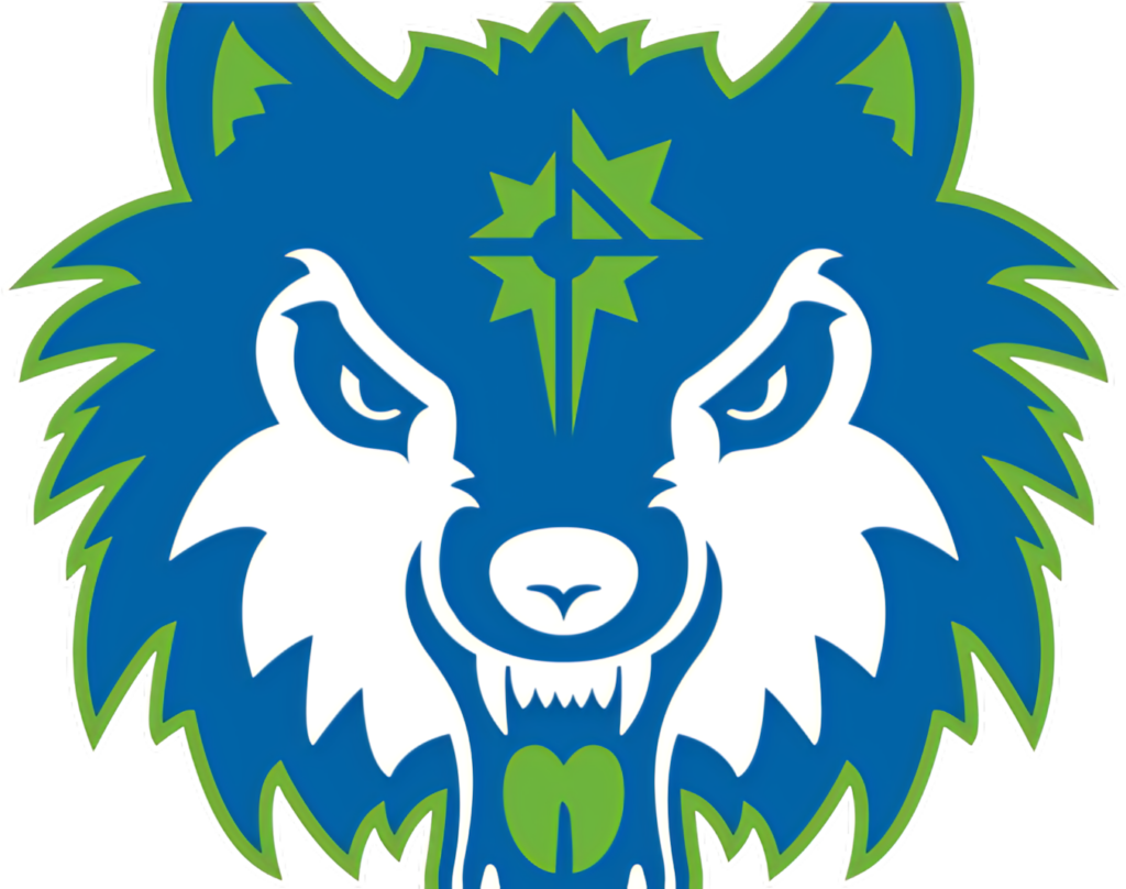 Stylized Blue Wolf Logo Wallpaper with Vibrant Green Accents