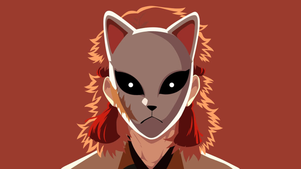 Stylized Character with Cat-Mask & Red Hair on Warm Background Wallpaper