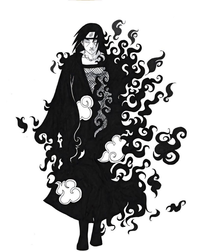 Stylized Character in Black Flames on Striking White Background Wallpaper