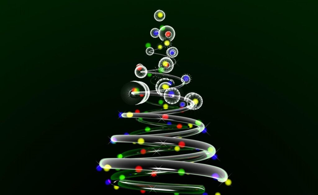 Stylized Christmas Tree Wallpaper with Colorful Lights on Dark Background