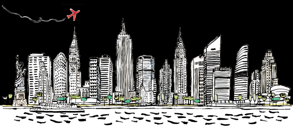 City Skyline Illustration with Skyscrapers & Plane - Wallpaper Background