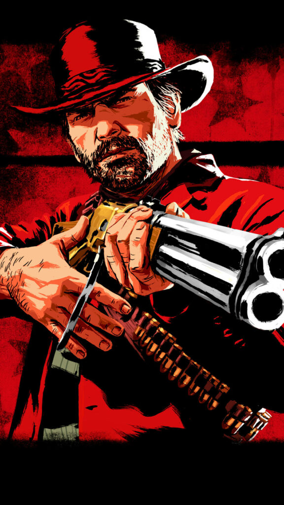 Stylized Cowboy Wallpaper: Arthur with Shotgun & Bold Red Background