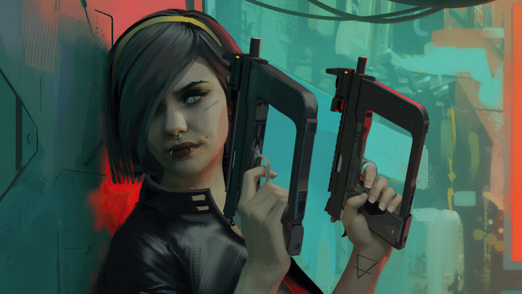 Futuristic Cyberpunk Character Wallpaper in Neon Urban Scene