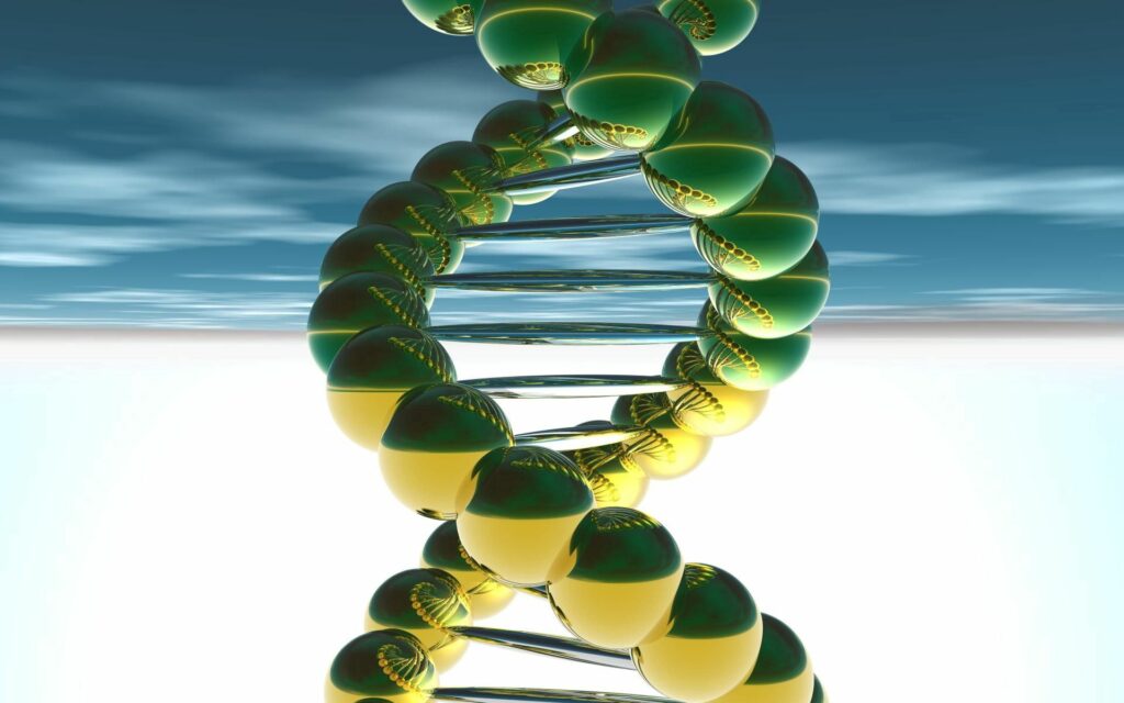 Stylized DNA Double Helix Wallpaper with Green & Yellow Highlights