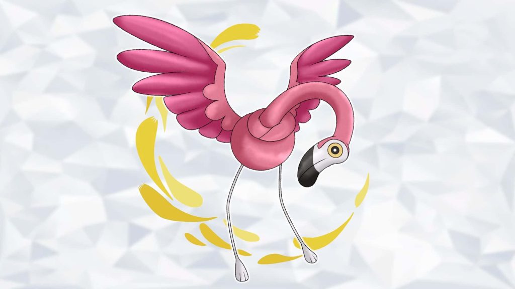 Stylized Flamigo Pokémon wallpaper flying with vibrant yellow swirls on geometric background