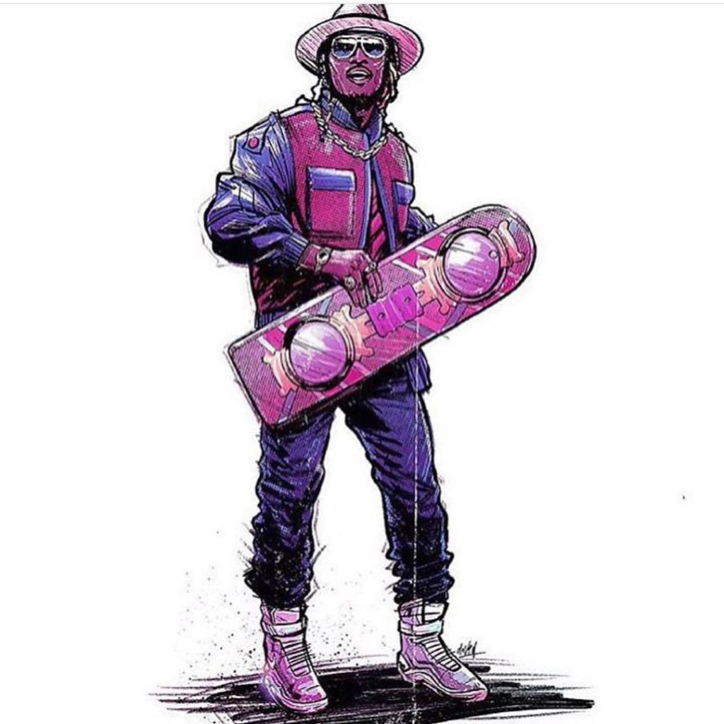 Stylized digital art of rapper Future holding skateboard with pink and purple tones background Wallpaper
