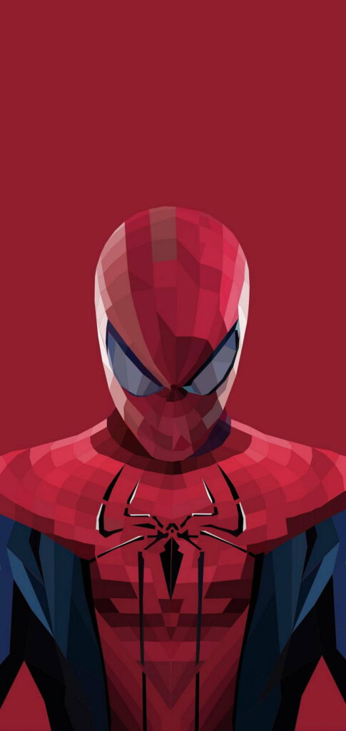 Stylized geometric Spiderman in red and blue suit on bold red background HD phone wallpaper