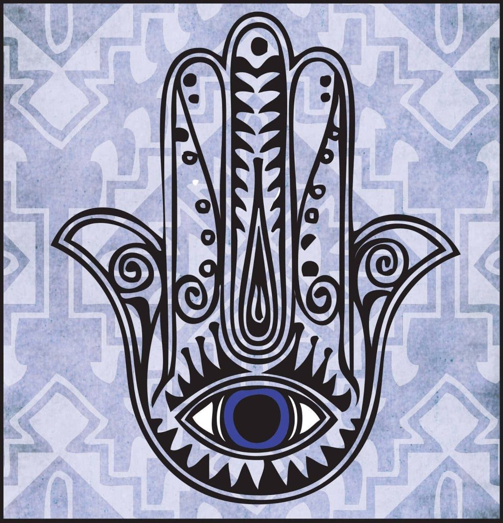Stylized Hamsa Hand wallpaper with bold black patterns and eye on periwinkle geometric background
