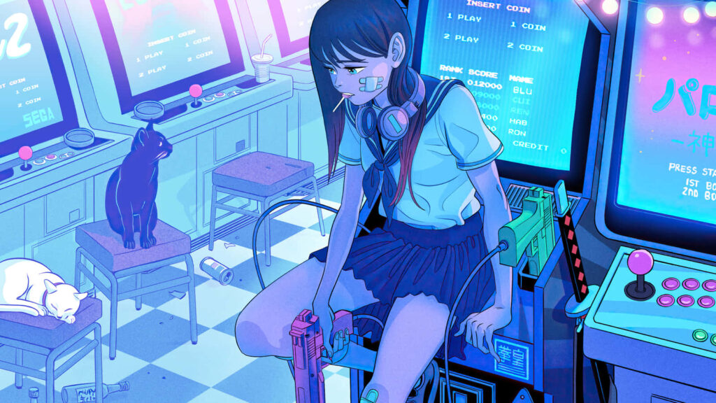 Retro Japan-Inspired Arcade Wallpaper with Anime Girl & Cats