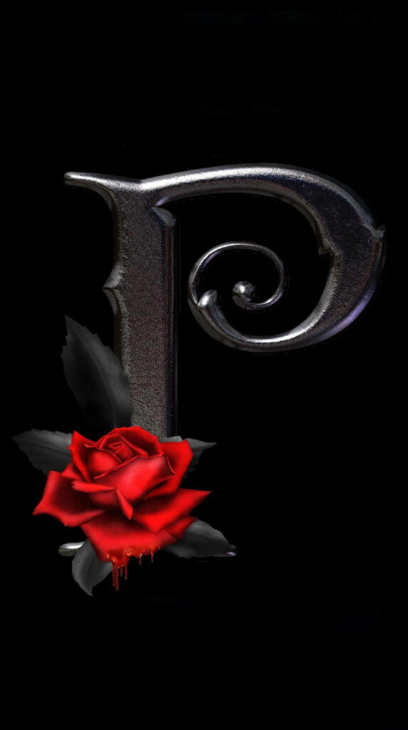 Stylized Metallic Letter P with Red Rose on Black Wallpaper