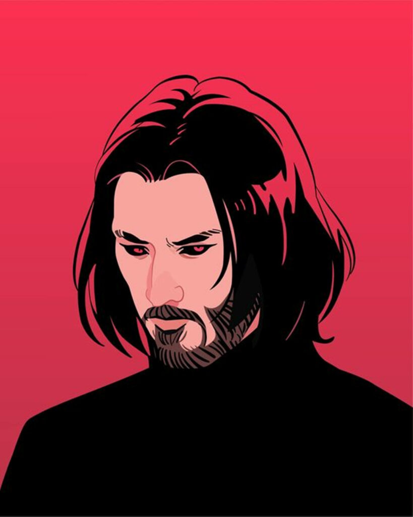 Stylized Minimalist Fanart: Stern Man with Long Hair on Gradient Red Wallpaper