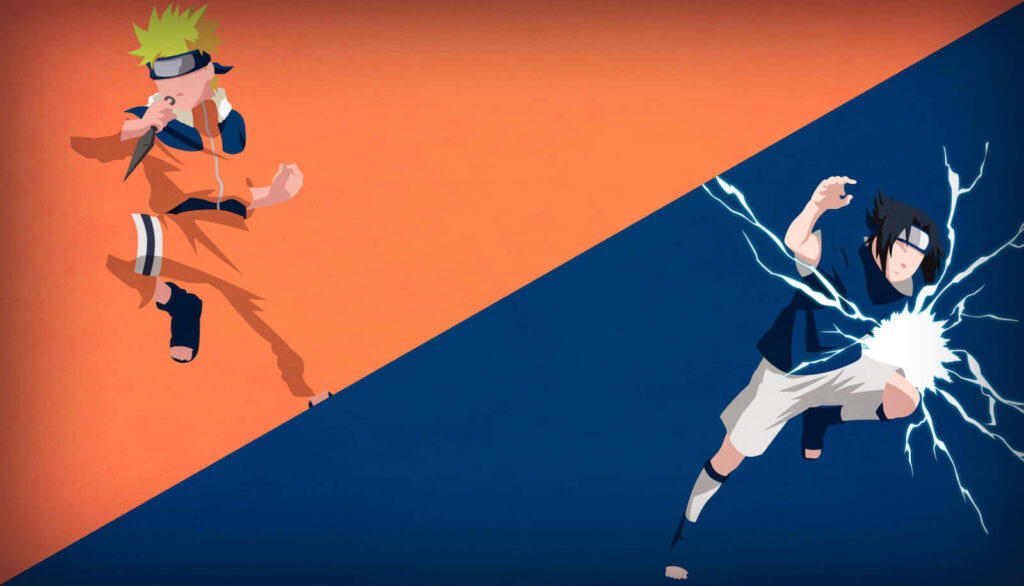 Stylized Minimalist Wallpaper: Orange & Blue Characters in Bold Design